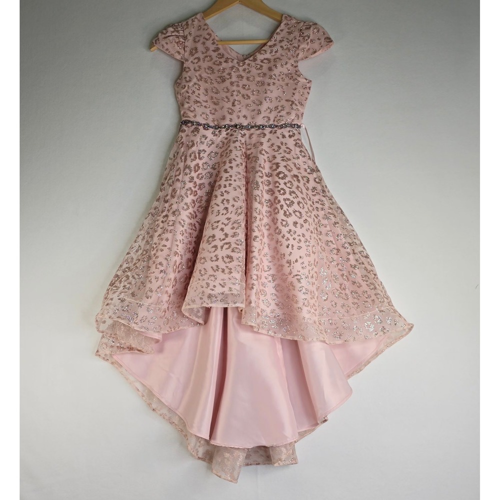 Rare Editions Girls Pink Rose Gold Glitter Leopard High-Low Formal Dress Size 8